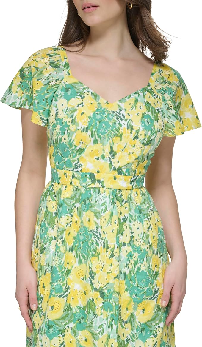 kensie Printed Eyelet Fit Flare Mini Dress Citron Multi Size 4