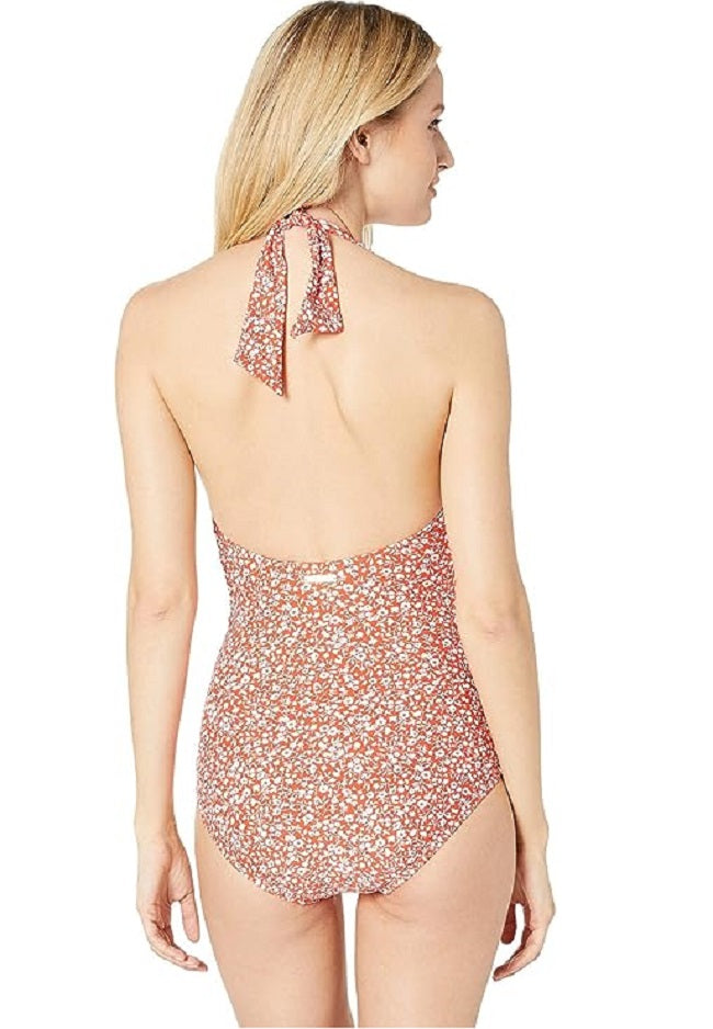 Michael Michael Kors Womens Floral Twist Front Halter One-Piece Swimsuit Terracotta Size 12