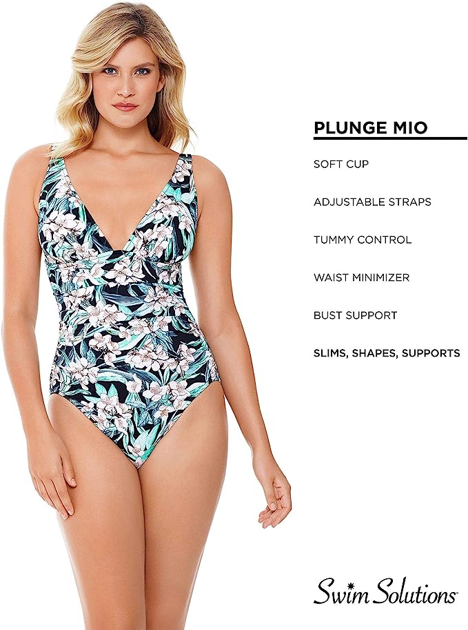 Swim Solutions Women's Plunge Tummy Control One-Piece Swimsuit Multicolor Size 8