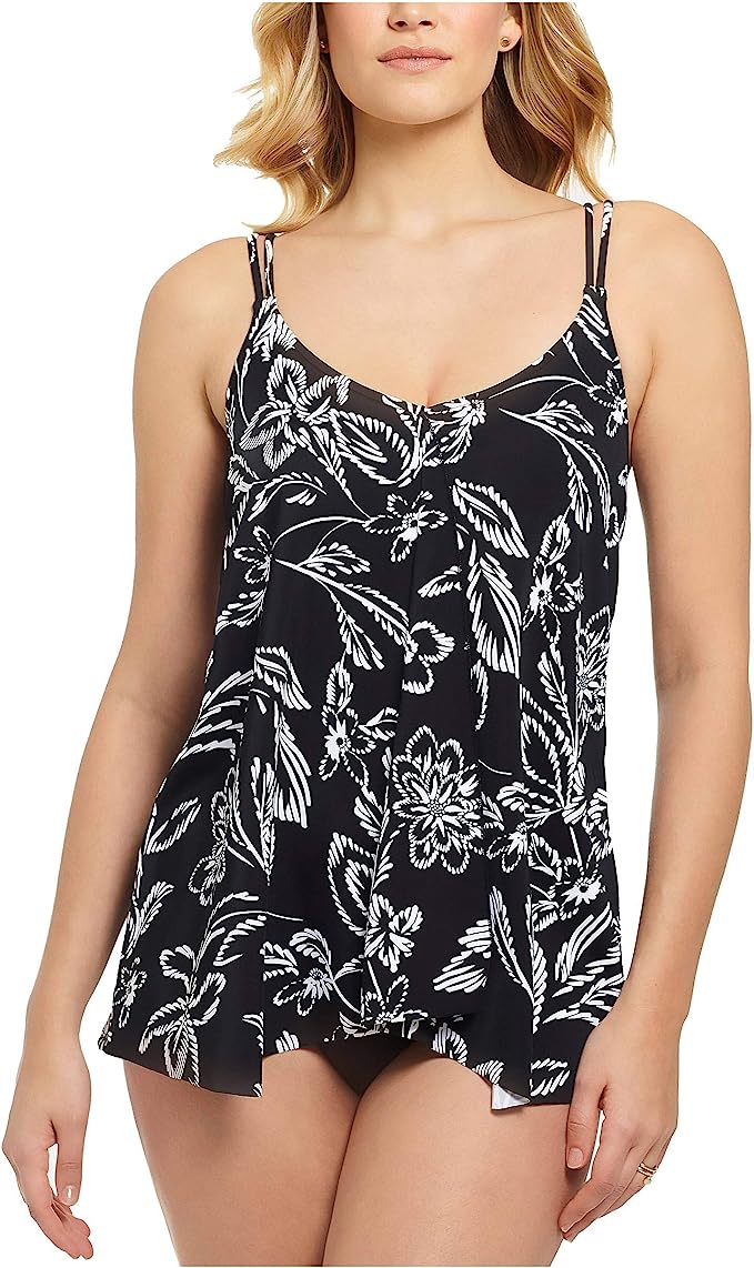 Swim Solutions Women's Tummy-Control Flyaway Swimdress Color Classic Bloom Size 12