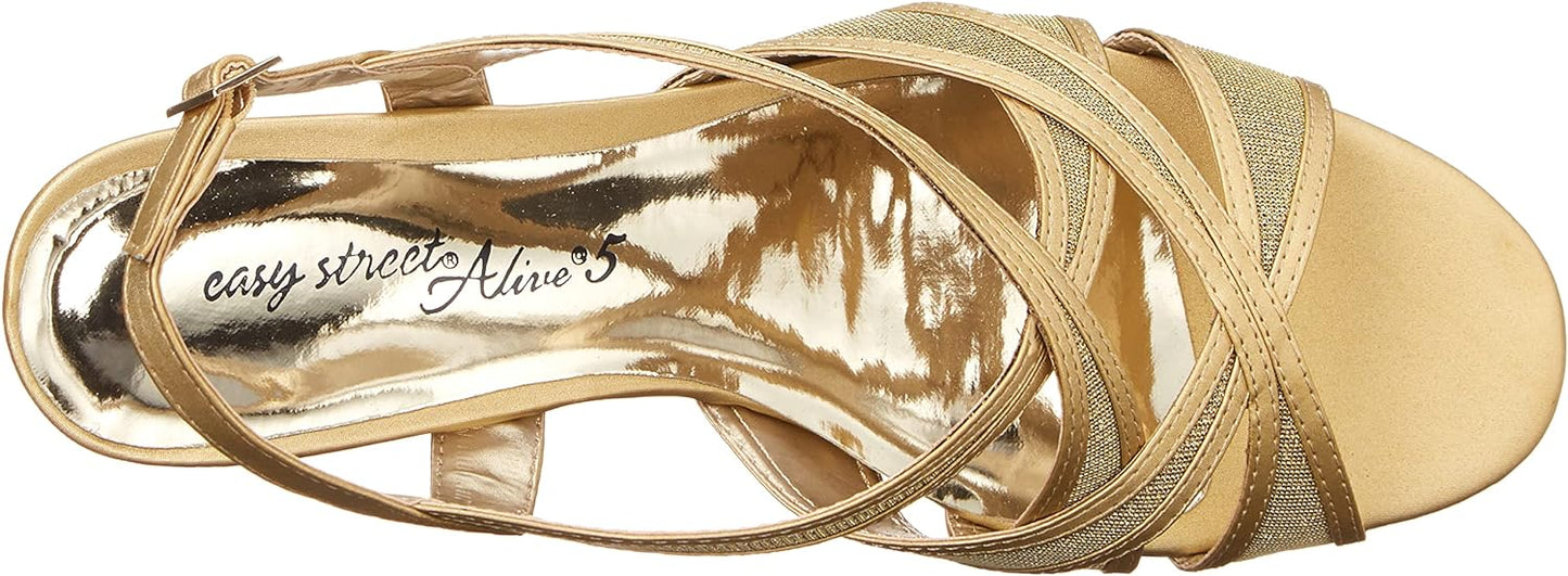 Easy Street Women's Tristen Dressy Mesh Inset Dress Sandals Color Gold Satin Size 8W