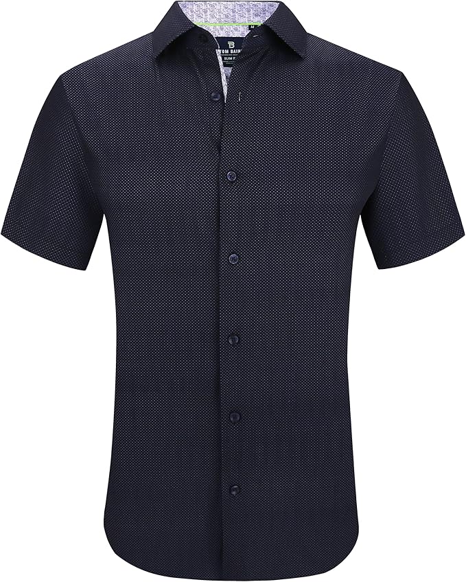 Tom Baine Men's Slim Fit Short Sleeve Button Down Dress Shirt Navy Diamond Size L