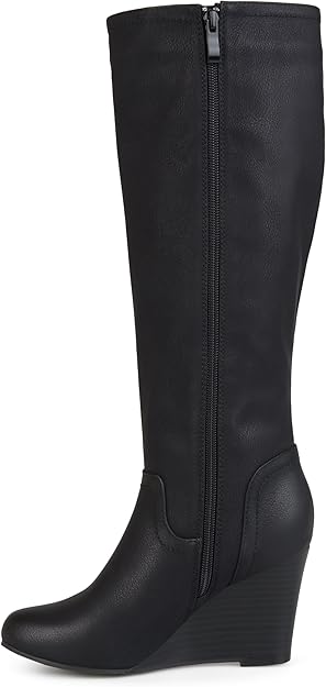 Journee Collection Langly Round Toe Faux Leather Mid-calf Wedge Boots Black Size 5.5