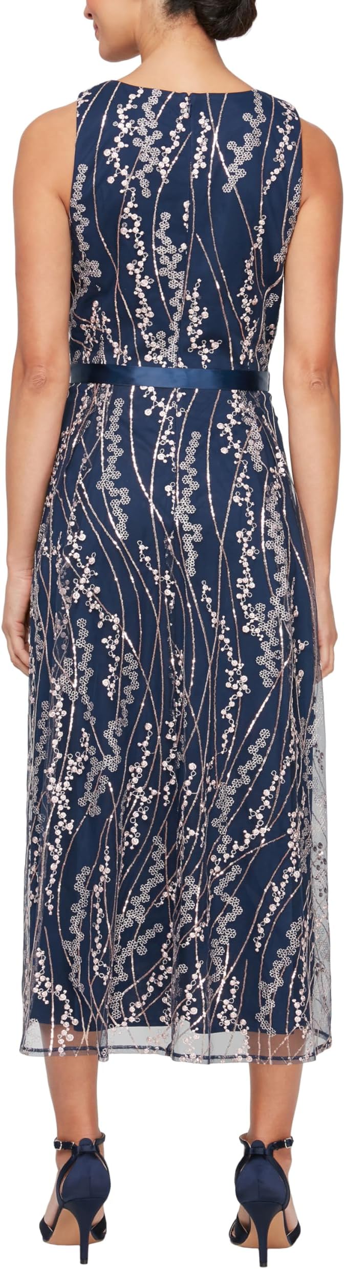 Alex Evenings Women's Metallic Floral Embroidered Midi Dress Navy/Pink Size 4