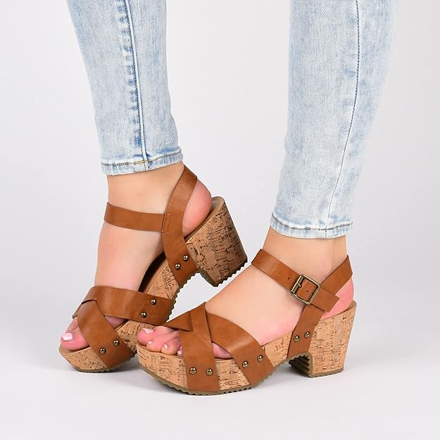 Journee Collection Valentina Crisscross Studded Block Cork Heel Sandal Red Size 7.5