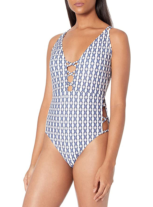 Jessica Simpson V-Neck One-Piece Swimsuit Bathing Suit Color Plunge Dark Multi Size L