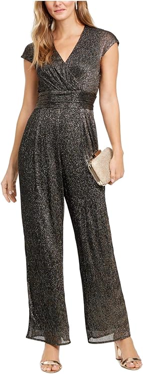 SLNY Women's Cap Sleeve V Neck Evening Wide Leg Jumpsuit Color Black Glitter Size 12