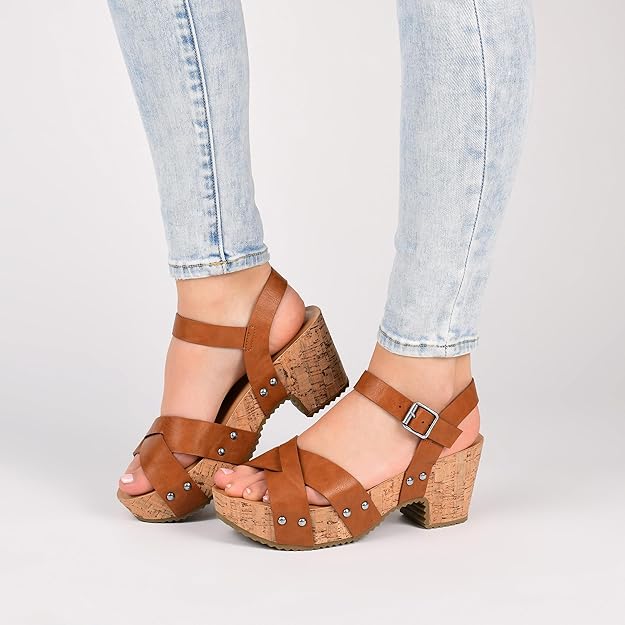 Journee Collection Valentina Crisscross Studded Block Cork Heel Sandal Red Size 7.5