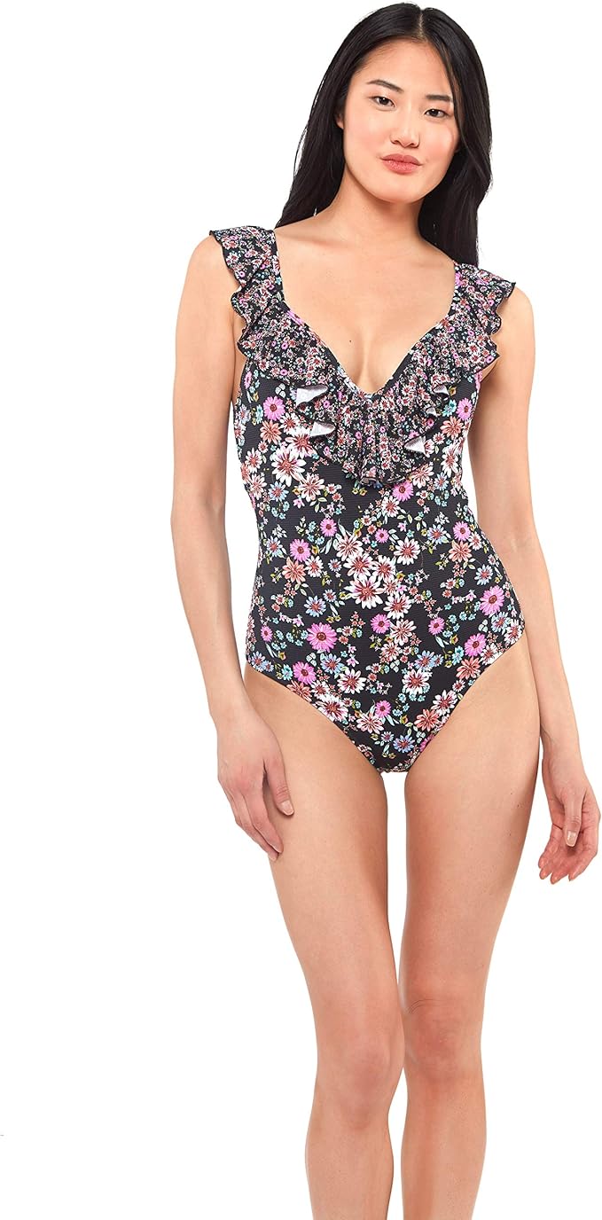Jessica Simpson V Neck One Piece Swimsuit Bathing Suit Color Lilac Palm Print Size S