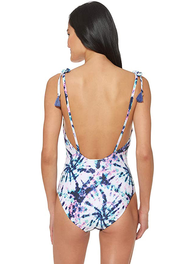 Jessica Simpson V-Neck One-Piece Swimsuit Bathing Suit Color Mist Tie Dye Size M