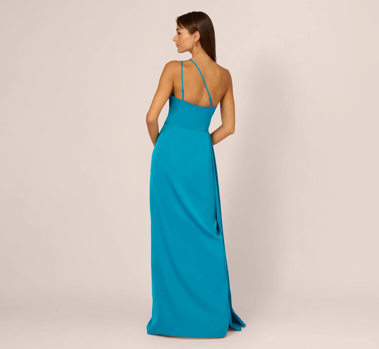 Adrianna by Adrianna Papell Satin One Shoulder Sleeveless Pleated Gown Dazzling Ocean Size 12