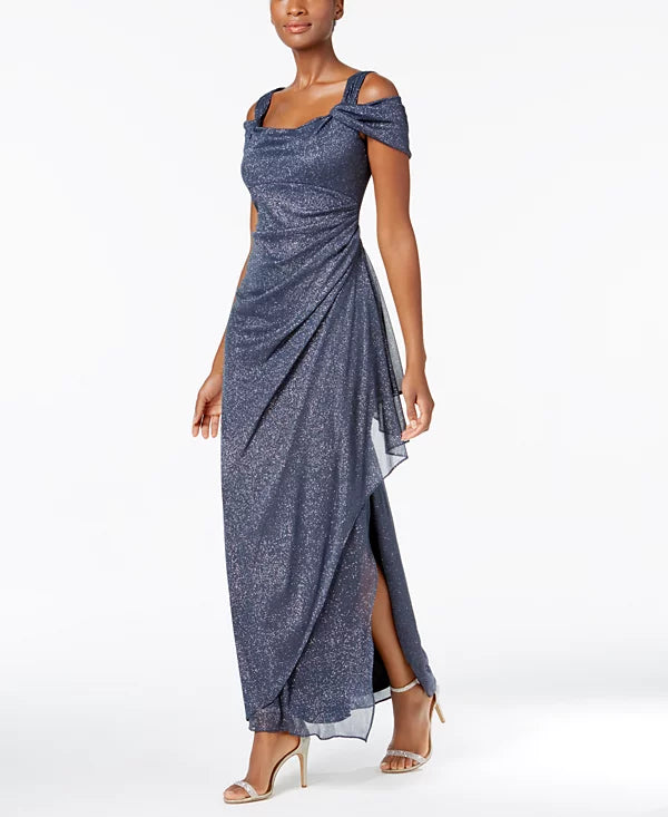 Alex Evenings Petite Cold-Shoulder Draped Metallic Gown Color Smoke Size 16P