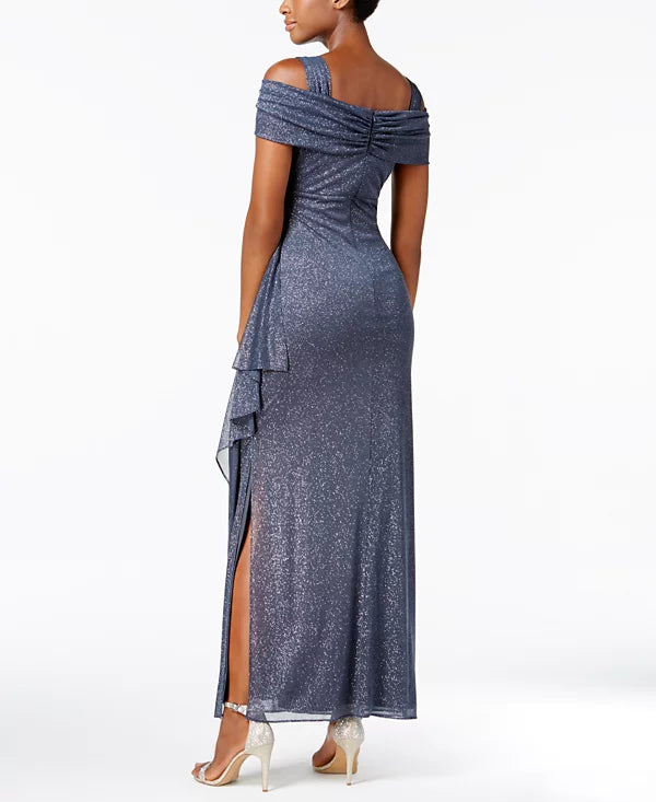 Alex Evenings Petite Cold-Shoulder Draped Metallic Gown Color Smoke Size 16P