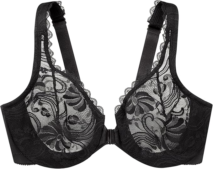 Glamorise Plus Size Wonderwire Lace Front-Closure Underwire Bra Black Size 42F