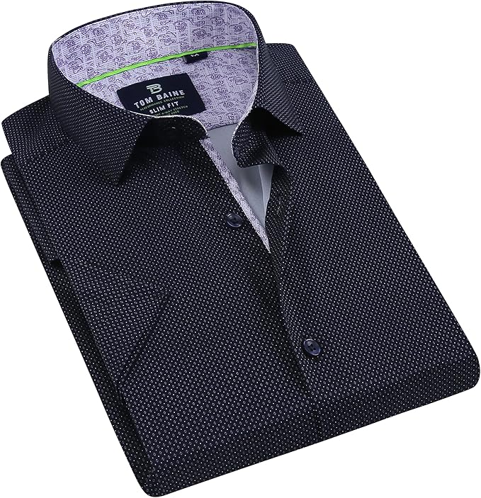 Tom Baine Men's Slim Fit Short Sleeve Button Down Dress Shirt Navy Diamond Size L