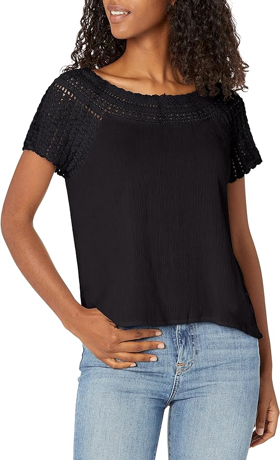 Lucky Brand Women's Cotton Short Sleeve Boat Neck Crochet Knit Blouse Color Jet Black Size L