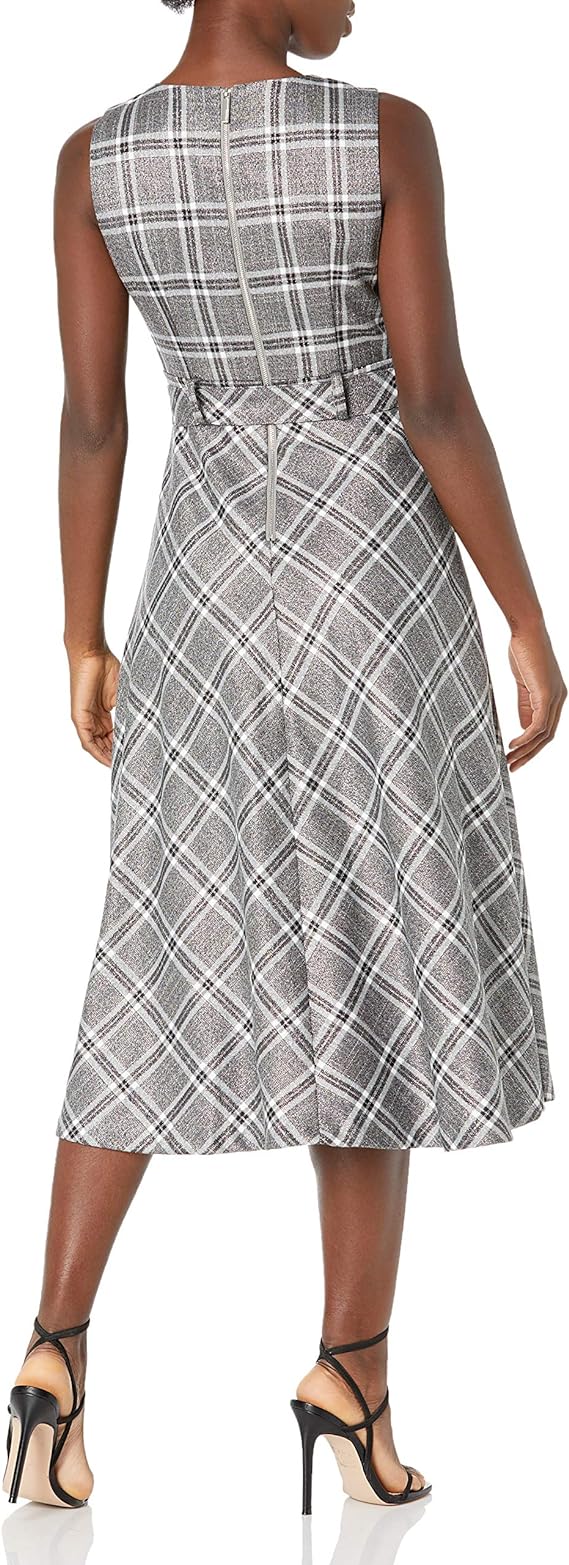 Calvin Klein Metallic Plaid Belted Dress Color Black/Cream/Silver Size 2