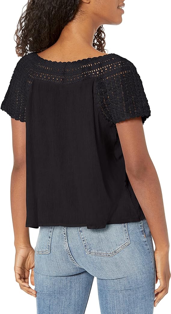 Lucky Brand Women's Cotton Short Sleeve Boat Neck Crochet Knit Blouse Color Jet Black Size L
