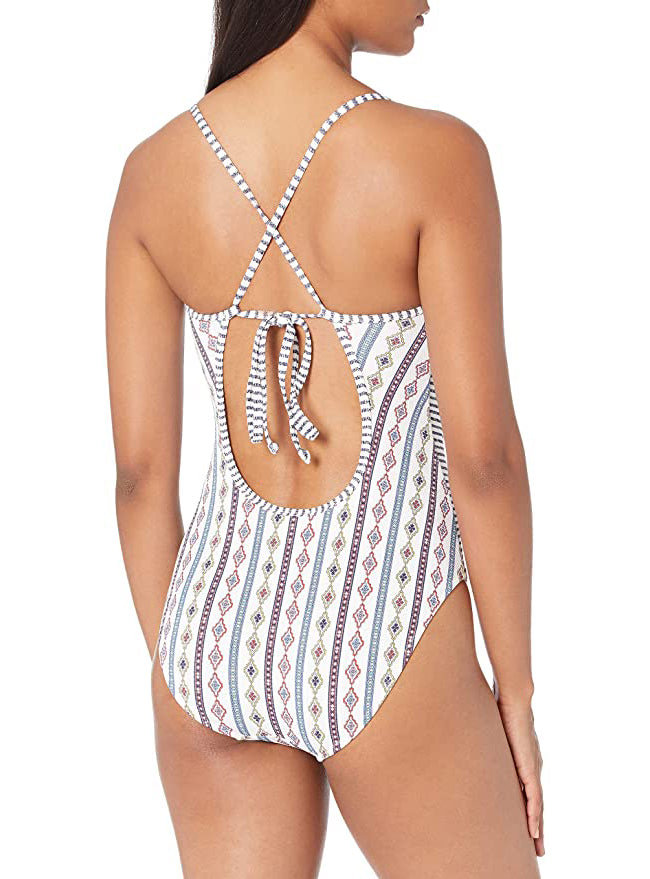 Jessica Simpson V-Neck One-Piece Swimsuit Bathing Suit Color Moroccan Stripe White Size XL