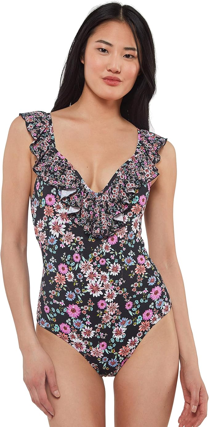 Jessica Simpson V Neck One Piece Swimsuit Bathing Suit Color Lilac Palm Print Size S