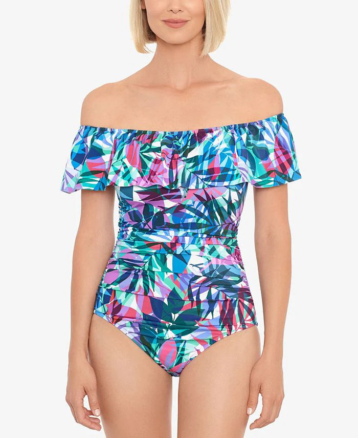Swim Solutions Off-The-Shoulder Tummy-Control One Piece Swimsuit Color New Prism Multi Size 16
