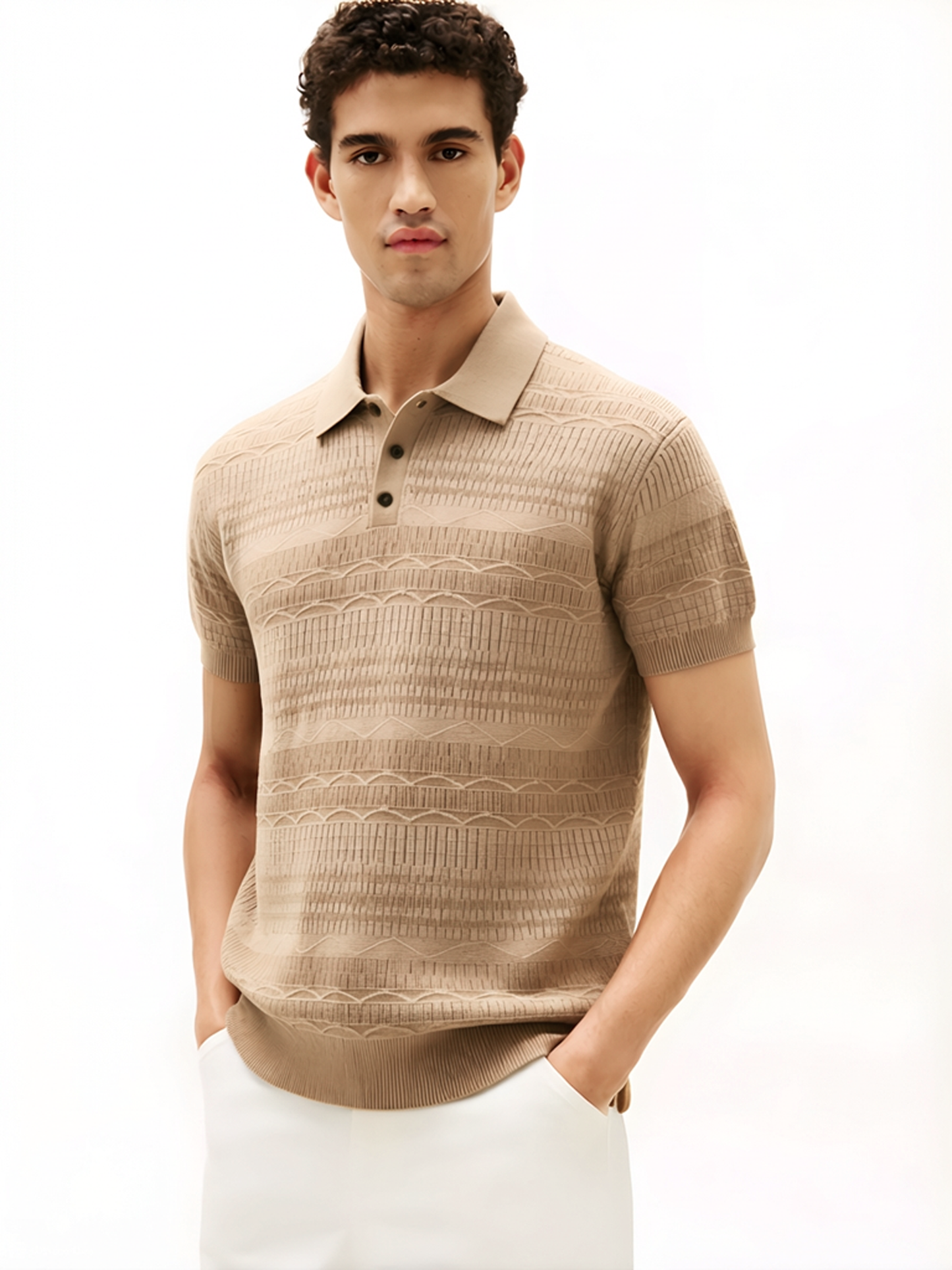 Frye Men's Mixed Texture Polo Shirt Cornstarch Size M