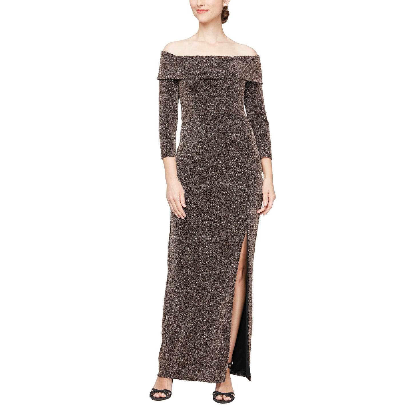 Alex Evenings Off-The-Shoulder Long Sleeve Leg Slit Dress Color Black/Copper Size 10