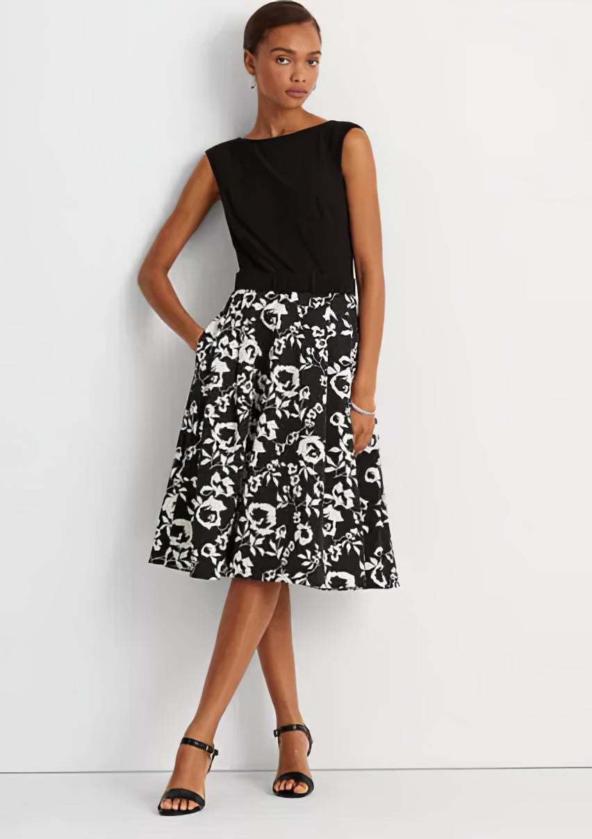 Lauren Ralph Lauren Women's Floral Faille Cocktail Dress Color Black/Cream Size 14