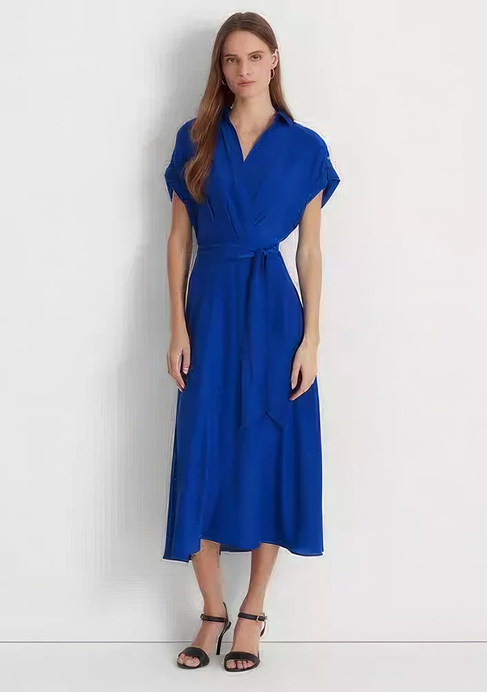 Lauren Ralph Lauren Women's Belted Crepe Dress Color Blue Saturn Size 4