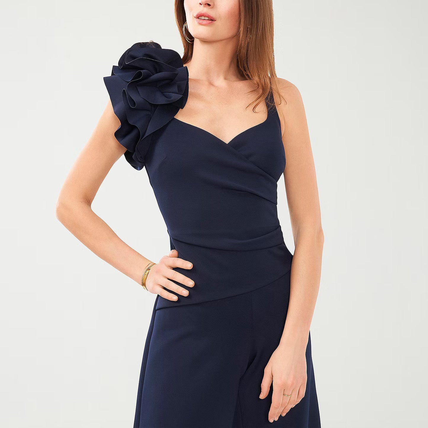 MSK Petite Ruffled-Strap Scuba Wide-Leg Jumpsuit Color Navy Size 14P