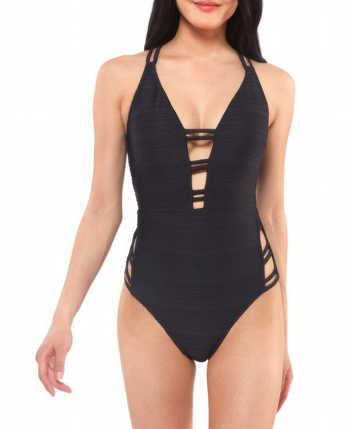 Jessica Simpson Contemporary Double Strap Plunge One-Piece Swimsuit Color Black Size L