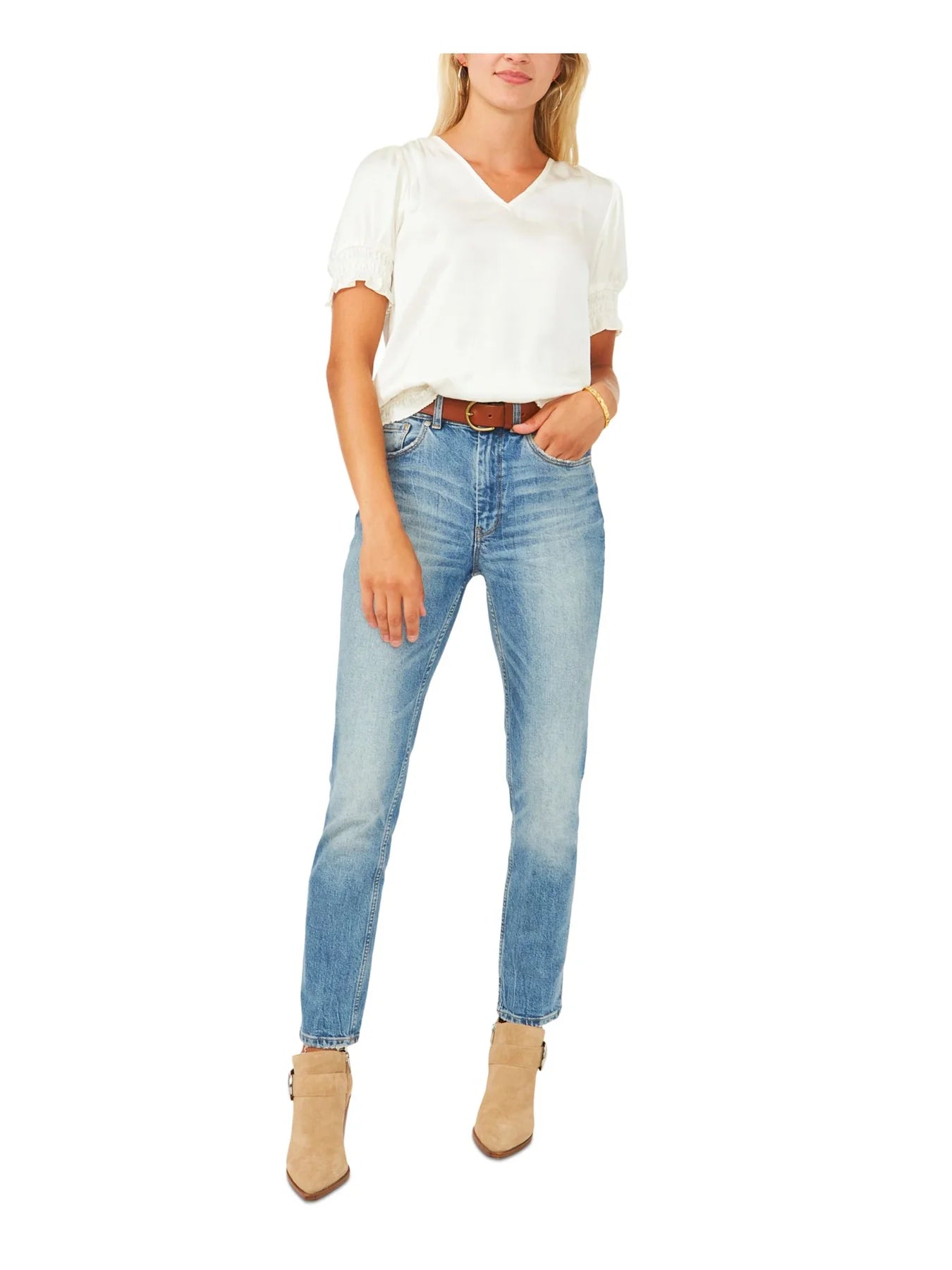 Vince Camuto Puff-Shoulder Smocked-Hem V-Neck Top Color New Ivory Size XL