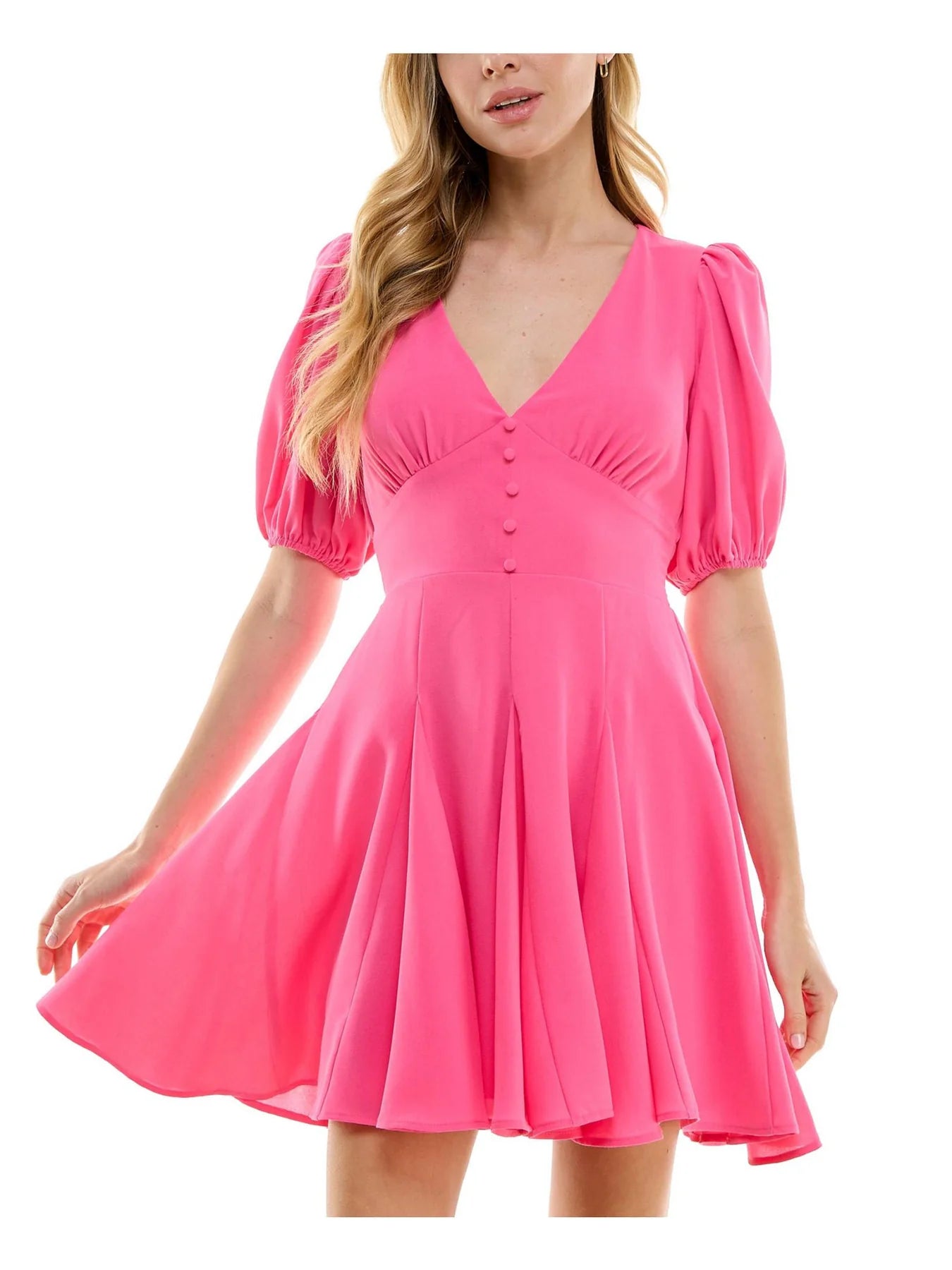 City Studios Juniors Deep-V-Neck Faux Buttons Fit & Flare Dress Fuchsia Size S