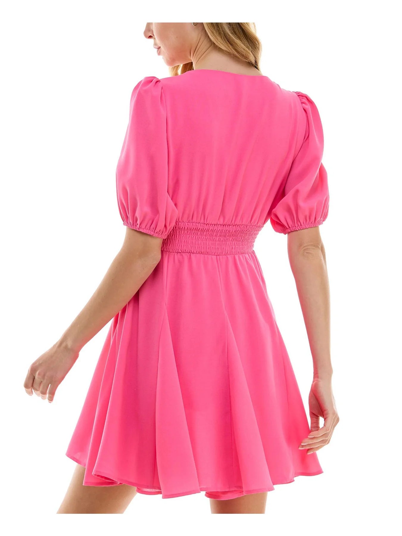 City Studios Juniors Deep-V-Neck Faux Buttons Fit & Flare Dress Fuchsia Size S