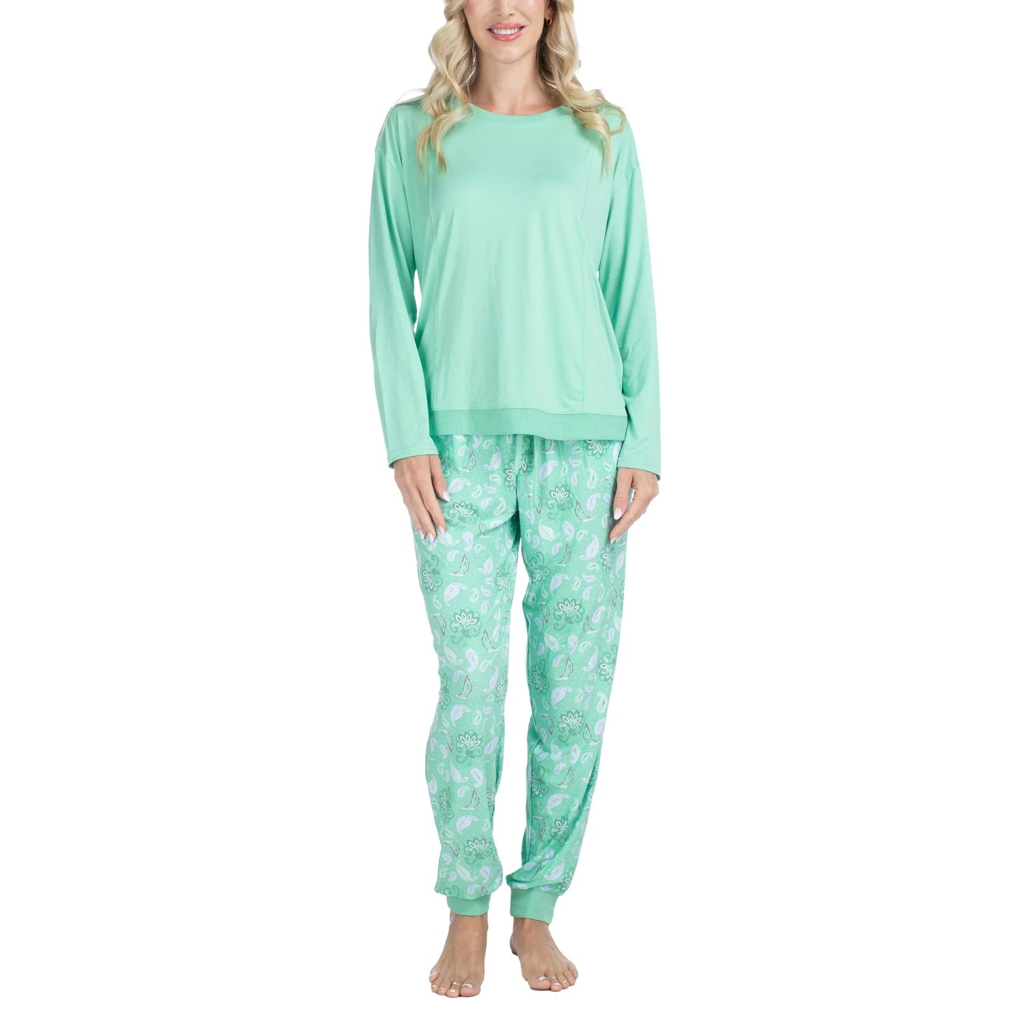 MUK LUKS Women's 2-Pc. Lounge Loyalist Sweatshirt Jogger Set Green Paisley Size M