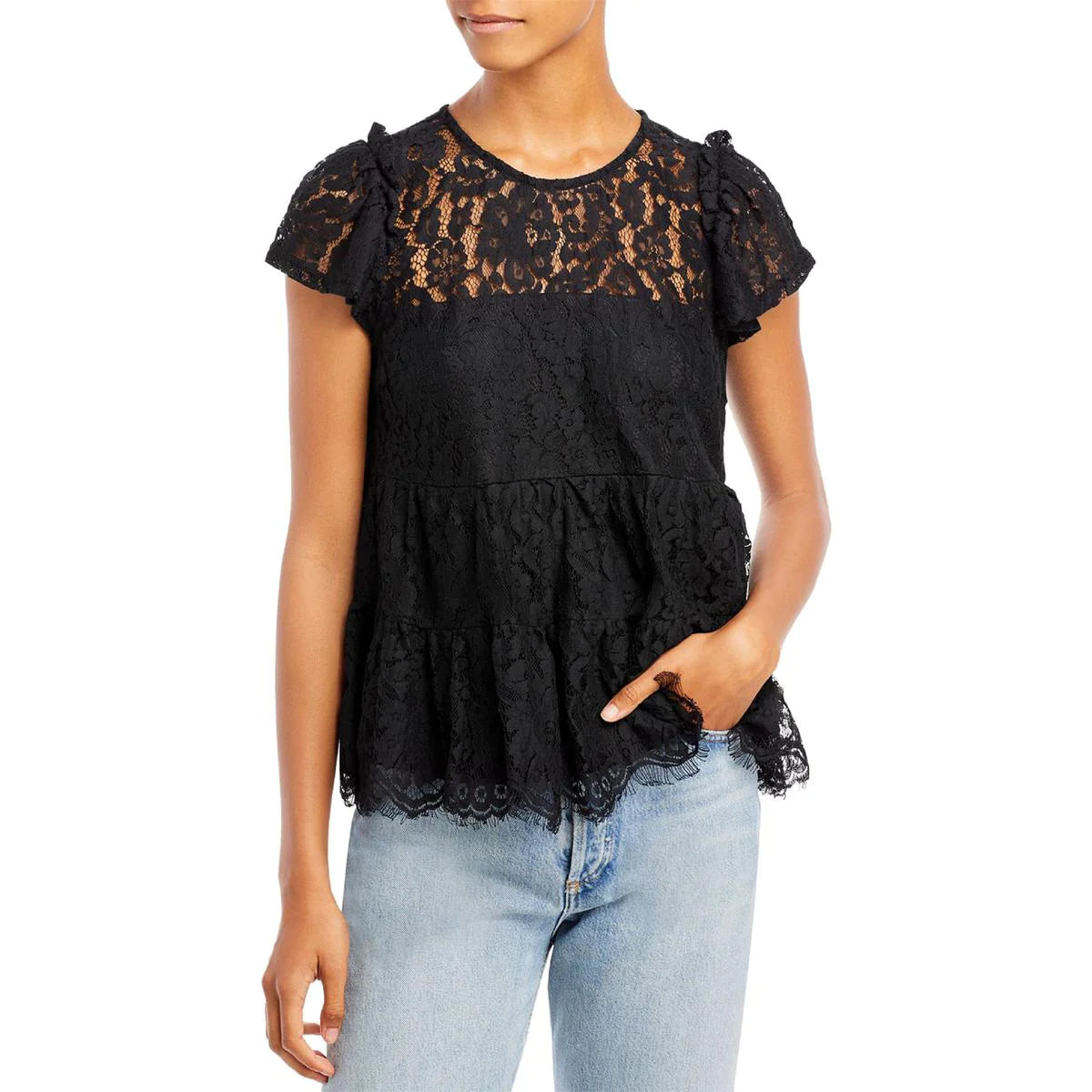 Aqua Women's Cropped Ribbed Peplum Top Color Black Size S