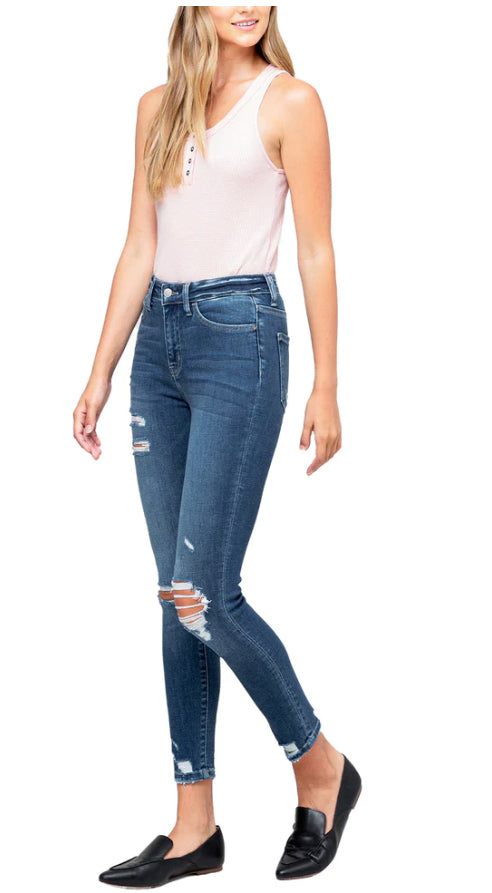 FLYING MONKEY Women's High Rise Distressed Crop Skinny Jeans Color Medium Blue Size 28