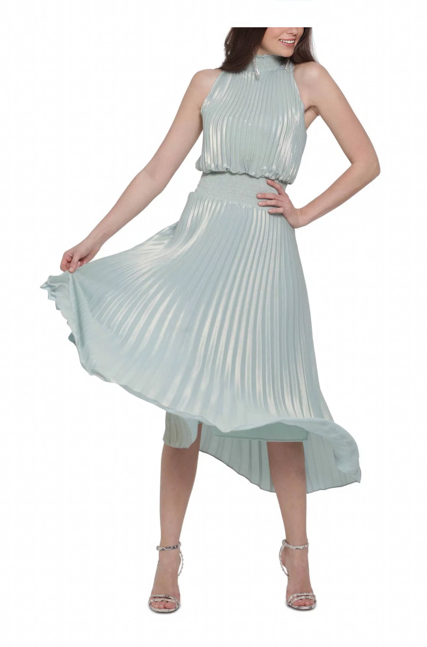 XSCAPE Pleated Sleeveless Turtle Neck Midi Evening Sheath Dress Color Mint Metallic Size 12