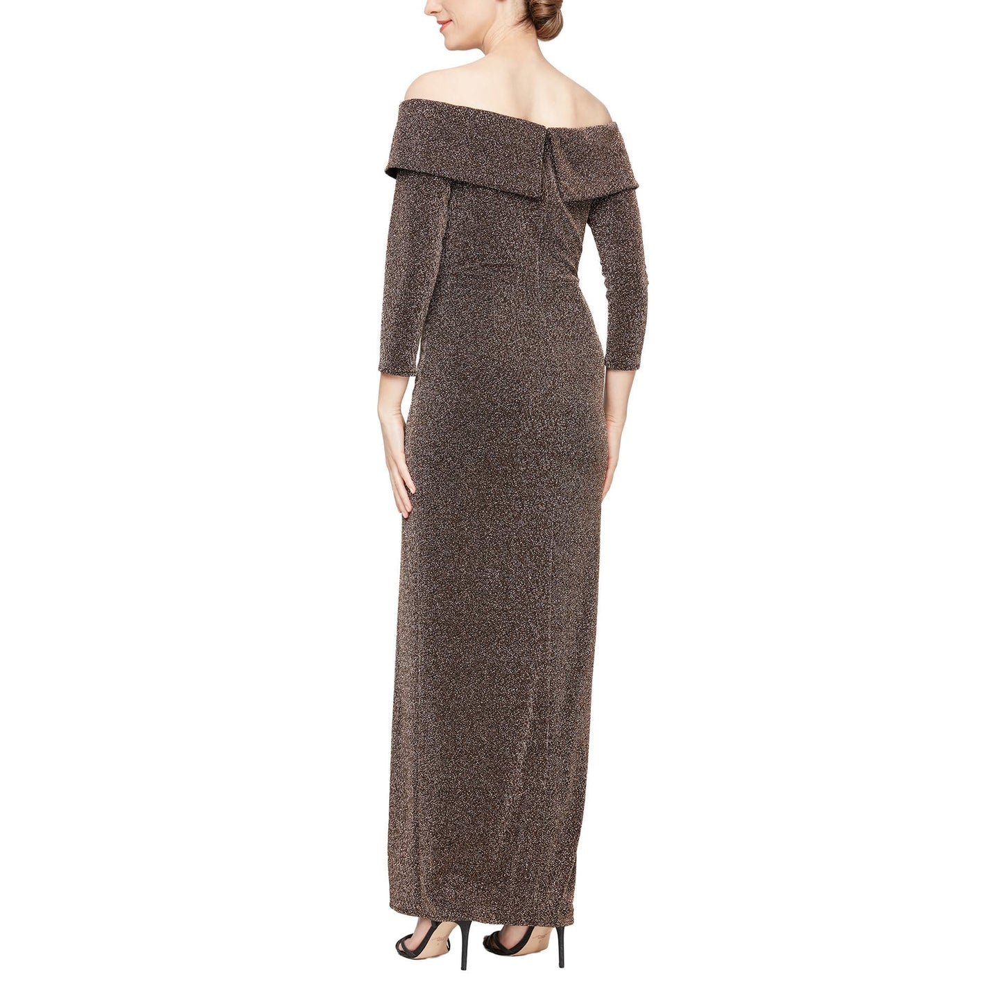 Alex Evenings Off-The-Shoulder Long Sleeve Leg Slit Dress Color Black/Copper Size 10