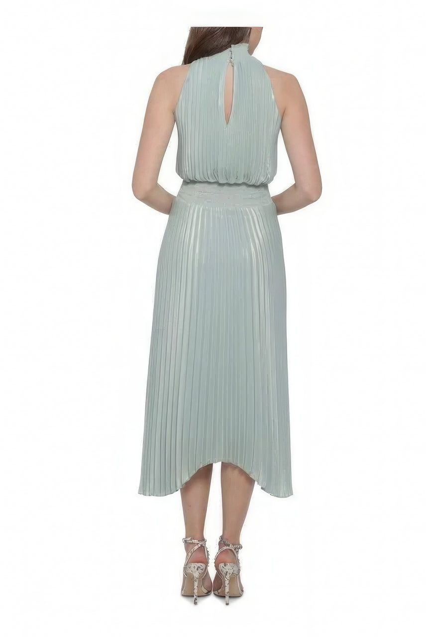 XSCAPE Pleated Sleeveless Turtle Neck Midi Evening Sheath Dress Color Mint Metallic Size 12