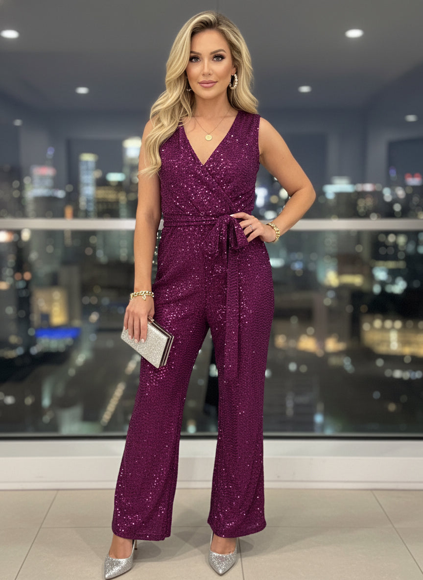 JM Studio By John Meyer Women's Sparkly Sequins Jumpsuits Magenta Size 10 (No Tag)