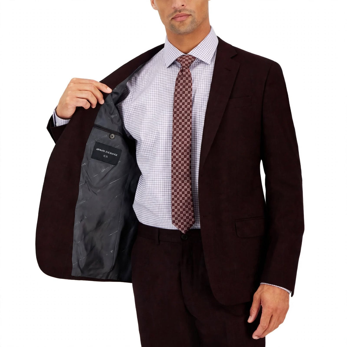 Armani Exchange Men's Slim-Fit Wool Plaid Blazer Suit Jacket Dark Burgundy Size 38L