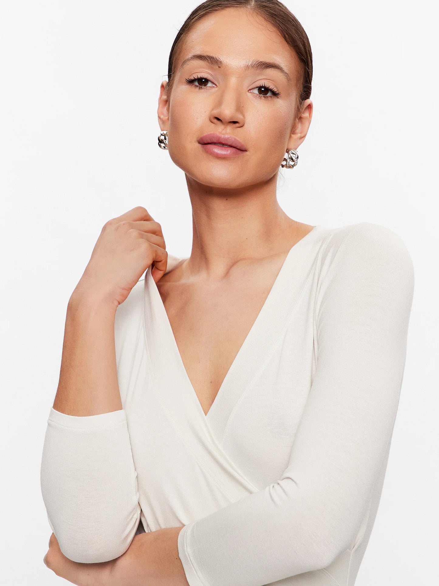 Lauren Ralph Lauren Women's Slim Fit Jersey Wrap Blouse Color Mascarpone Cream Size XS