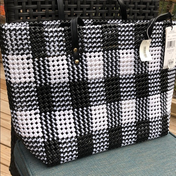 Maeri Plaid Shoulder Tote Basic with Zippered Liner Black Color Black/White One Size