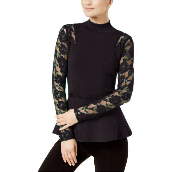 INC International Concepts Women's Lace Sleeve Knit Sweater Color Port Size L