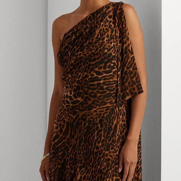 Lauren Ralph Lauren Ocelot-Print One-Shoulder Gown Color Brown/Tan Multi Size 16