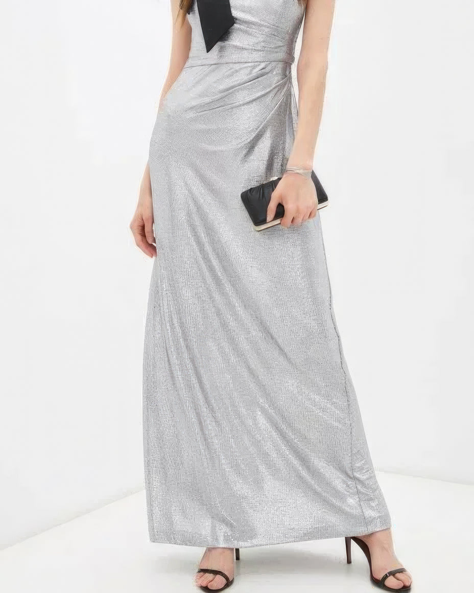 Lauren Ralph Lauren Bow-Trim Metallic Gown Color Dark Gray/Silver Size 12