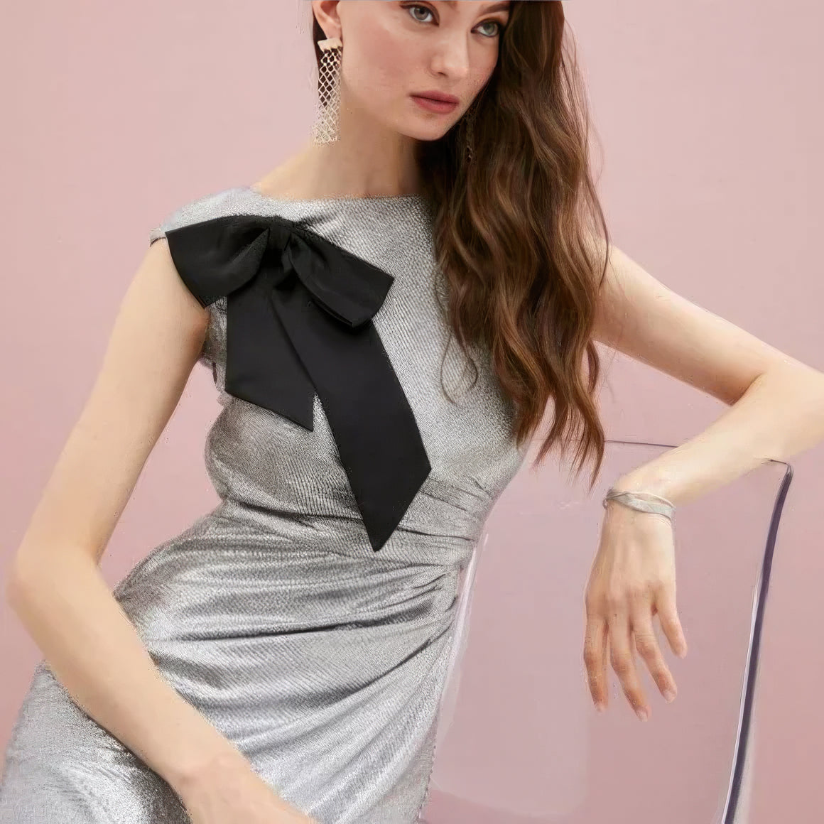 Lauren Ralph Lauren Bow-Trim Metallic Gown Color Dark Gray/Silver Size 12