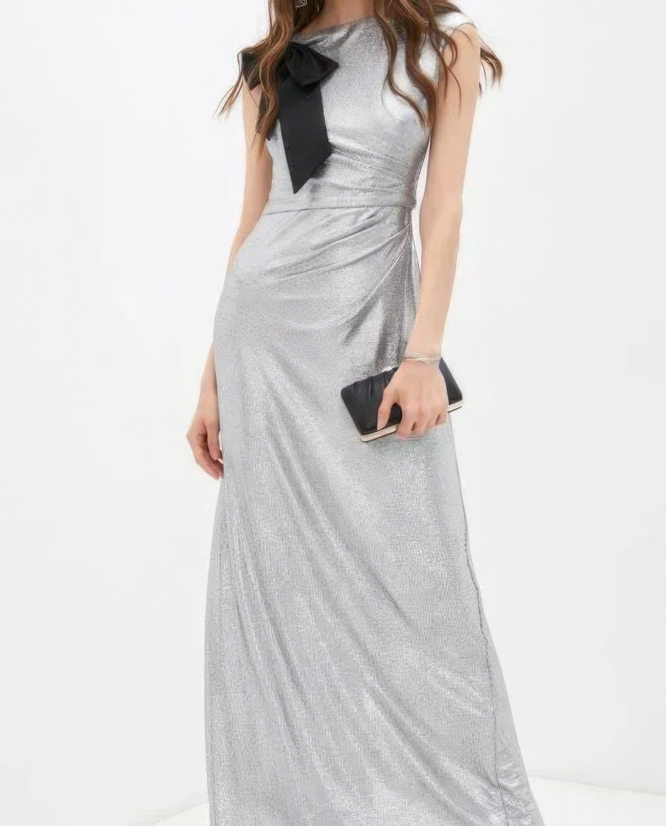 Lauren Ralph Lauren Bow-Trim Metallic Gown Color Dark Gray/Silver Size 12