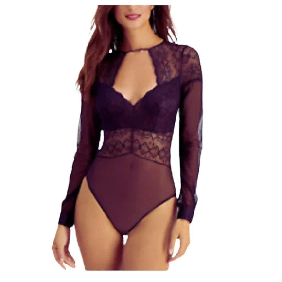 INC International Concepts Women's Sheer Lace Bodysuit Color Dark Merlot Size L